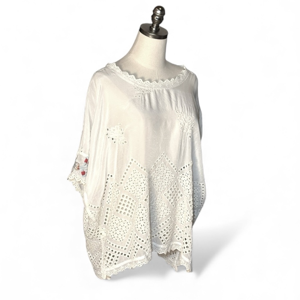 Johnny Was White Embroidered Blouse Eyelet Lace Ladies L